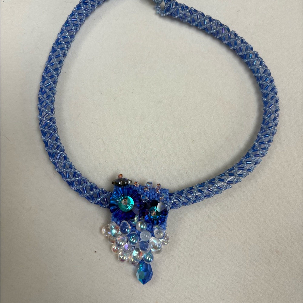 Blue Beaded Necklace with Swarovski Crystal Accents. Czech button closure